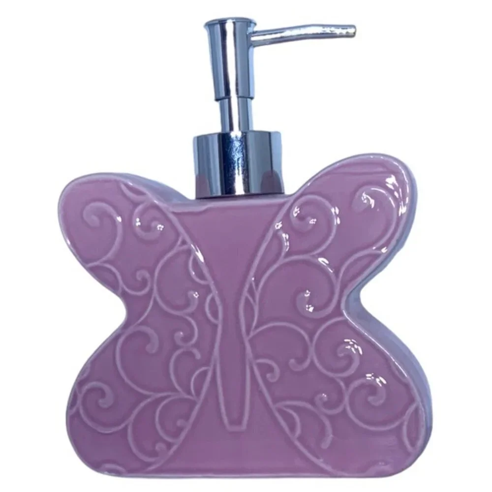 Matt & Maddie Butterfly Soap Lotion Dispenser Embossed 3D Floral Ceramic Pink